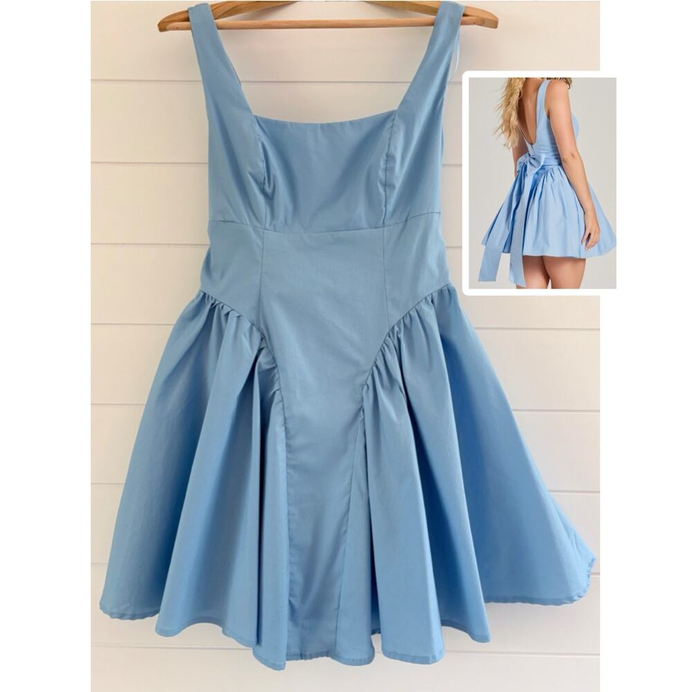 Crystal Sky Blue Fit & Flare Mini Dress Cotton Bow Back Basque Coquette Ballet S